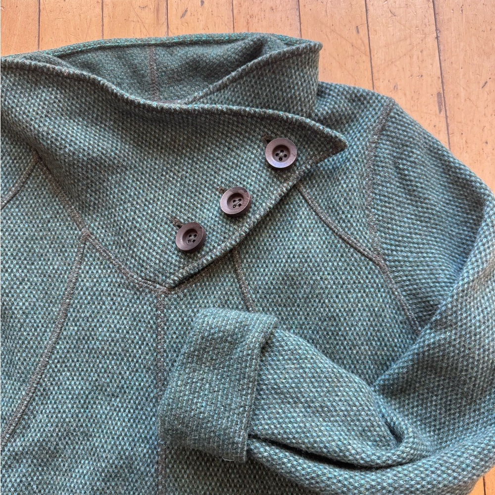 Green Prana Wool Blend Coat with Cute Button Detail, cowl neck, Flare bottom